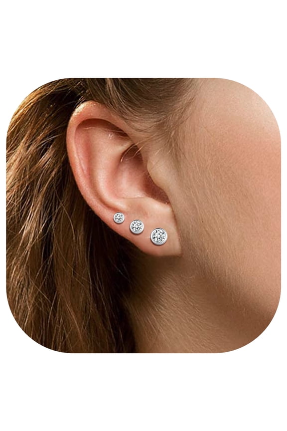 Sterling Silver Hypoallergenic Zirconia Stud Earrings, Simulated Diamond, 3 Pairs Sets for Women Sensitive Ears Various Styles and Sizes
