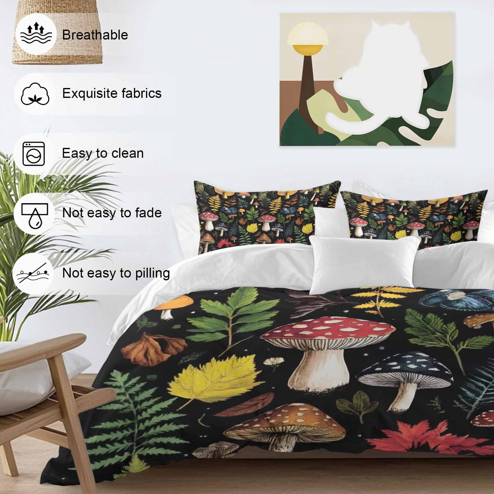 Farm Mushroom Duvet Cover Set King Size, Leaf Fern Plant Retro Black Background 4 Piece Soft Microfiber Bedding Set with 1 Duvet Cover, 1 Flat Sheet, 2 Pillowcases