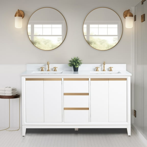 Vanity Art 60" Double Freestanding Bathroom Vanity with Sink and Engineered Marble Top