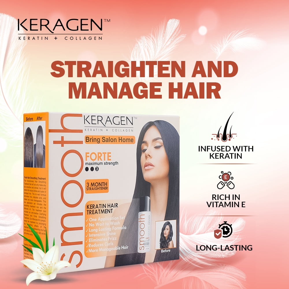 Keragen - Brazilian Keratin Hair Smoothing Treatment Express Home Kit - Blowout Straightening System, with 2 Oz Forte Treatment, 2 Oz Clarifying Shampoo and Aftercare Samples