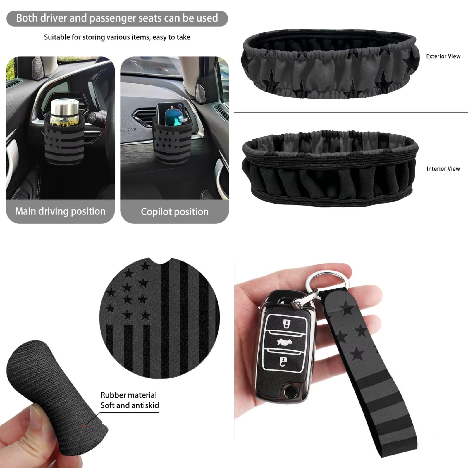 Uorisanigo Black American Flag 15Pcs Car Seat Covers Font Rear Set with Steering Cover,Seatbelt Pads,Car Trash Bag,Air Vent Pouch,Key Chain,Rearview Mirror Cover,Coasters,Interior Accessories Set