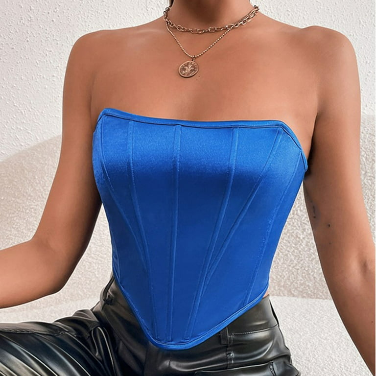 YYDGH Corset Top Strapless Open Back Boned Bustier for Women Party Trendy  Clubwear Crop Tops Blue M 