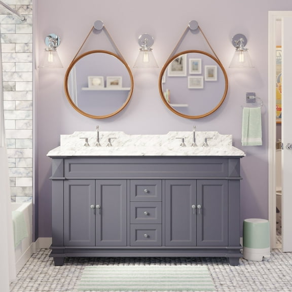 Elizabeth 60" Double Bathroom Vanity with Marine Gray Cabinet and Carrara Marble Top