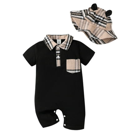

Baby Boys Romper Set Short Sleeve Turn-down Collar Plaid Summer Short Jumpsuit with Hat