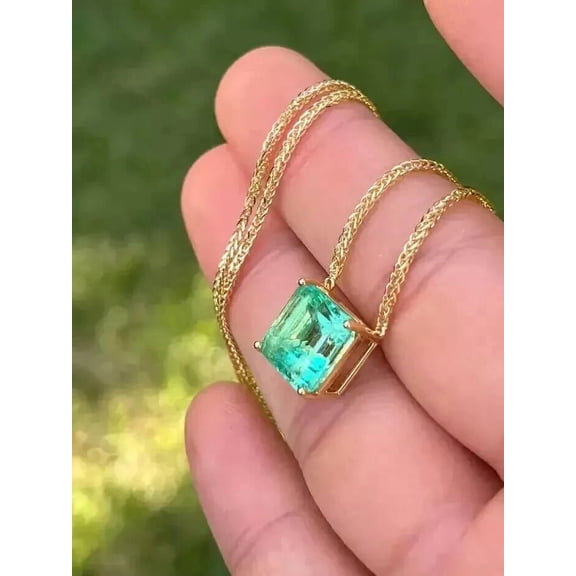 Green Emerald Solitaire Pendant 3Ct Asscher Cut 14K Yellow Gold Plated For Women 18"