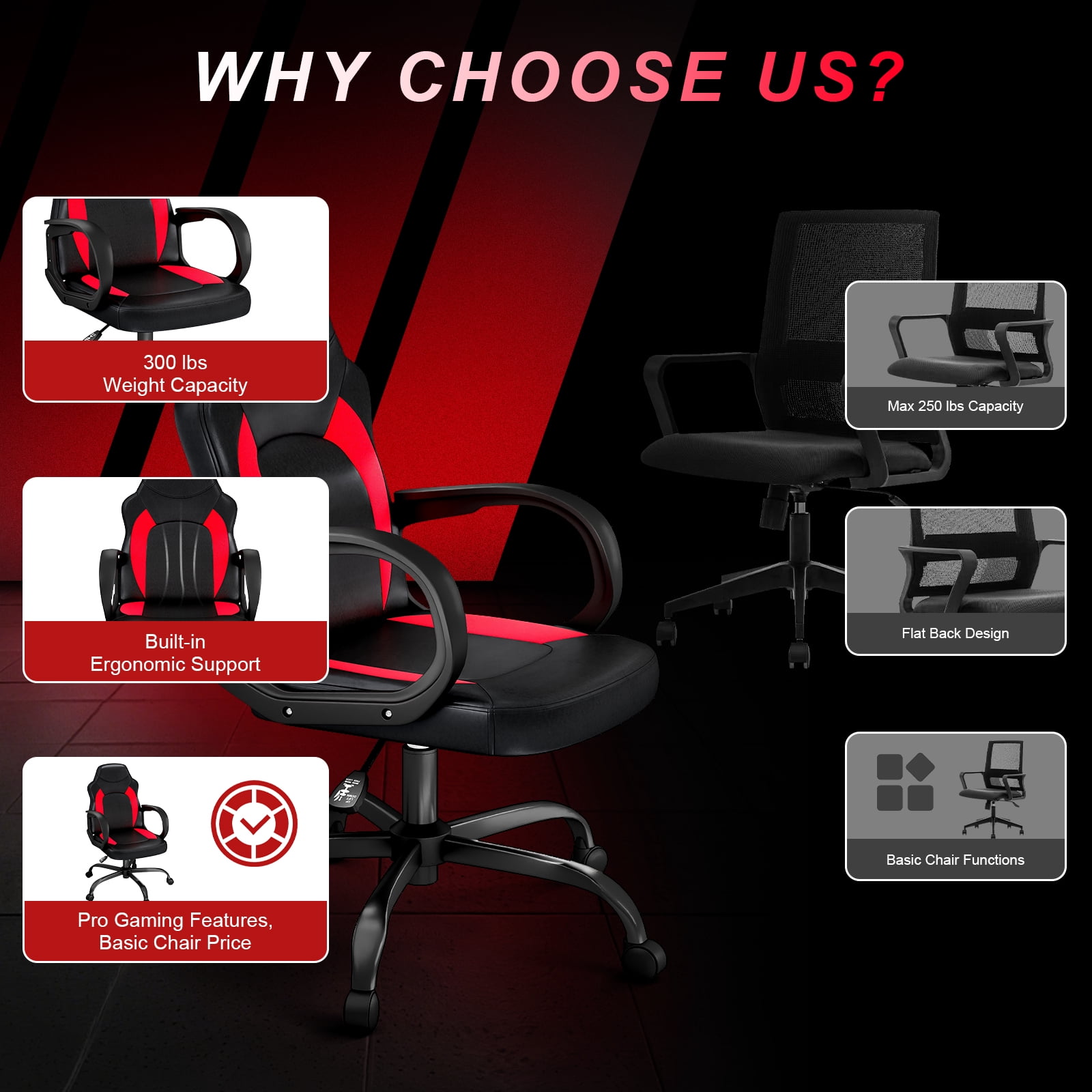 Ergonomic Gaming Chair with PU Leather Adjustable Swivel Office Chair for Home Study Red