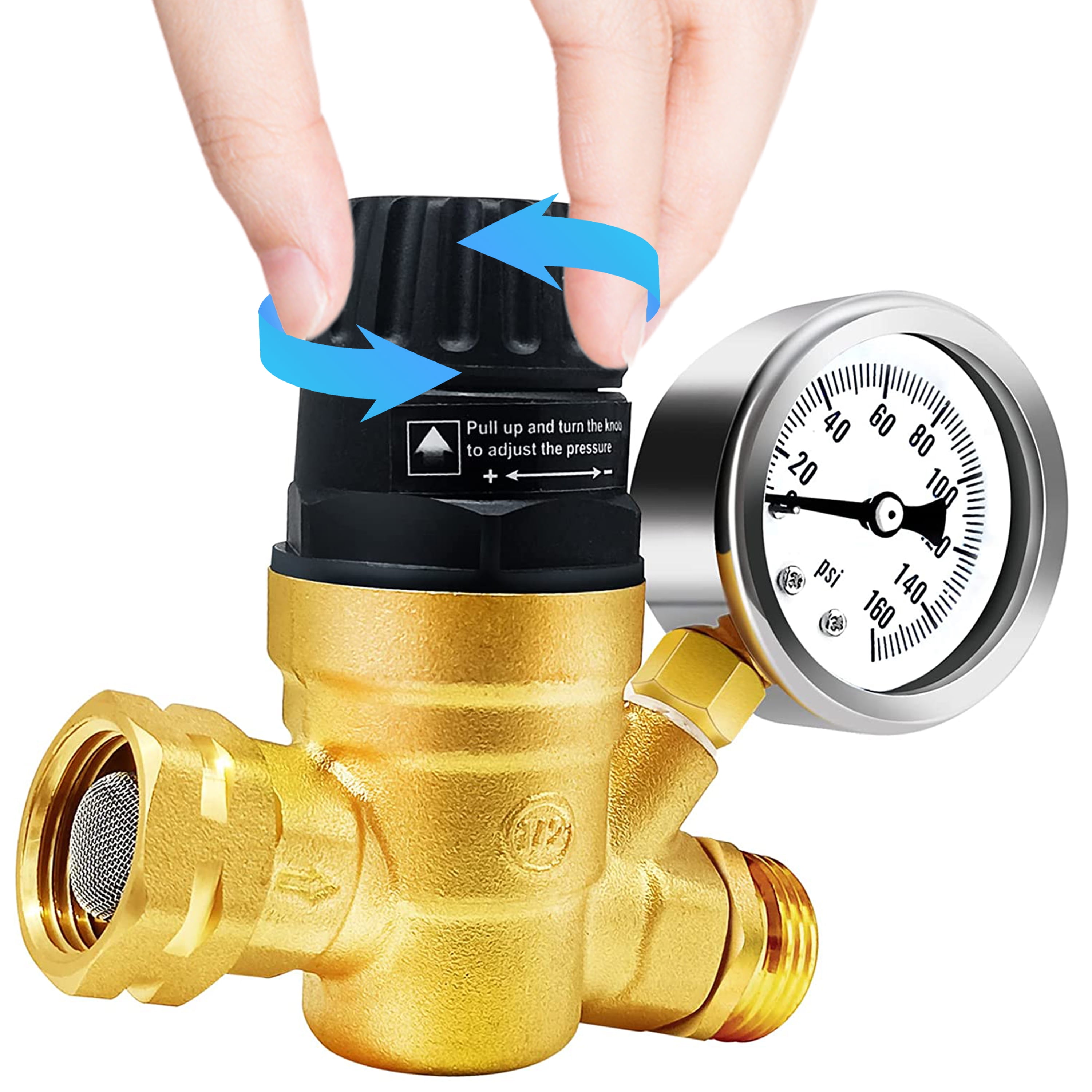 Hourleey Water Pressure Regulator Valve, RV Brass with Gauge and Inlet Screened Filter for Camper Trailer