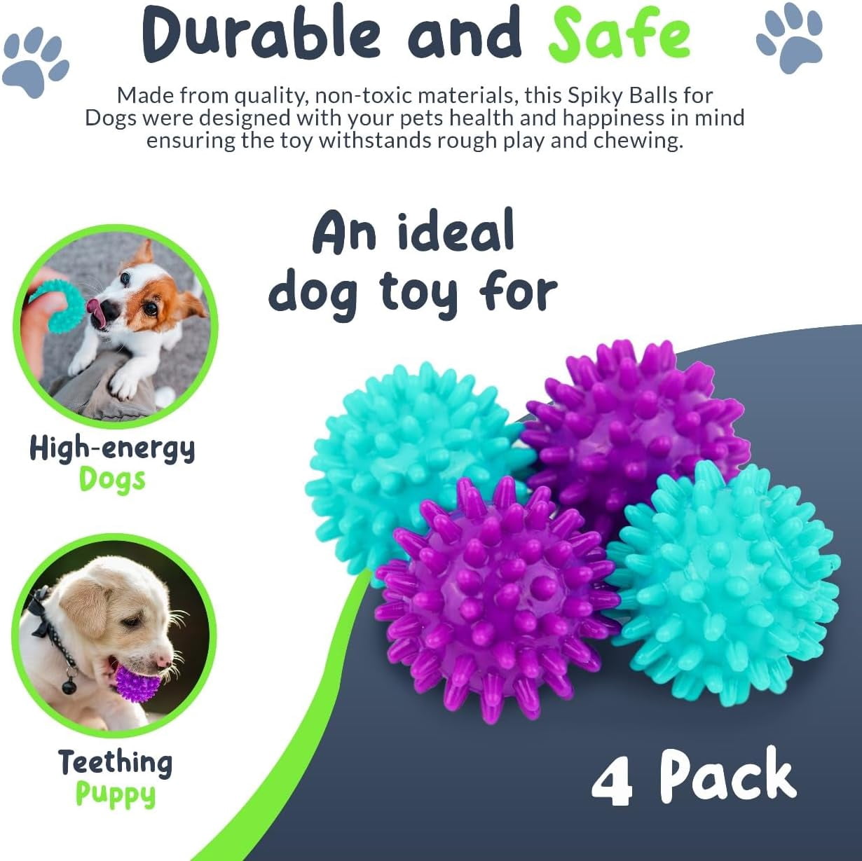 Spiky Dog Ball 1.8 Inch - Squeaky Textured Chew Toy for Small Dogs 4 Pack - Rubber Ball for Puppies, Aggressive Chewers, Gum Stimulation - Non-Toxic