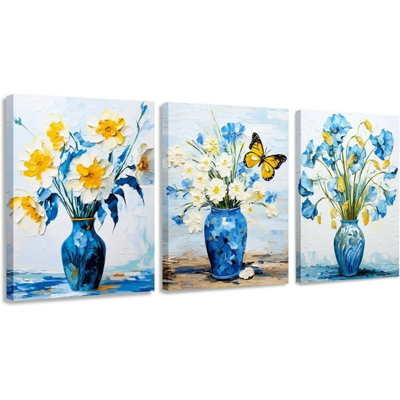 3 Piece Bedroom Flower Canvas Wall Art, Vintage Oil Painting Gallery Wall Decor Print White and Blue Daisy in Pretty Vase Picture for Kitchen or Living Room,11.8"x15.8"