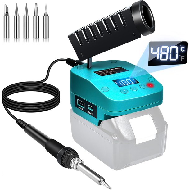 Estación de Soldadura Inalámbrica Compatible con Batería Ma*kita de 18V, Soldador Eléctrico Portátil con Puertos USB y Type C, Kit de Soldador de Temperatura Ajustable para Bricolaje, Reparación d...