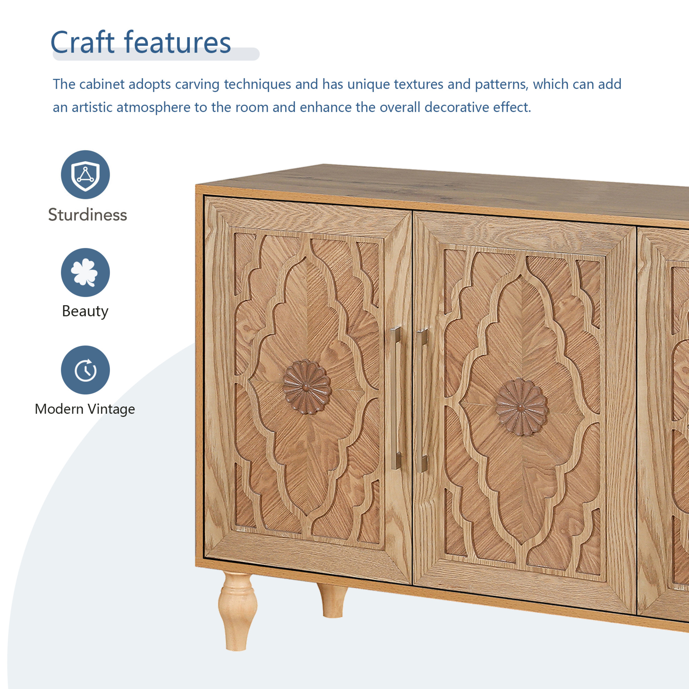 Noble House Carved Flower Door Large Storage Cabinet With Metal Handle Suitable For Living Room, Kitchen, Entryway, Natural Wood