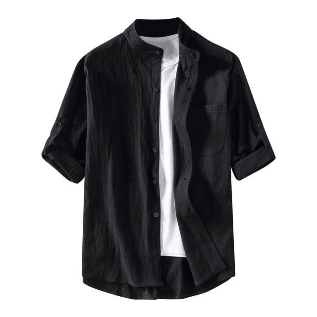 Camisa de manga corta de algodón y lino para hombre: prenda informal con botones, tejido ligero, color liso, ropa de playa para verano, tallas M-B