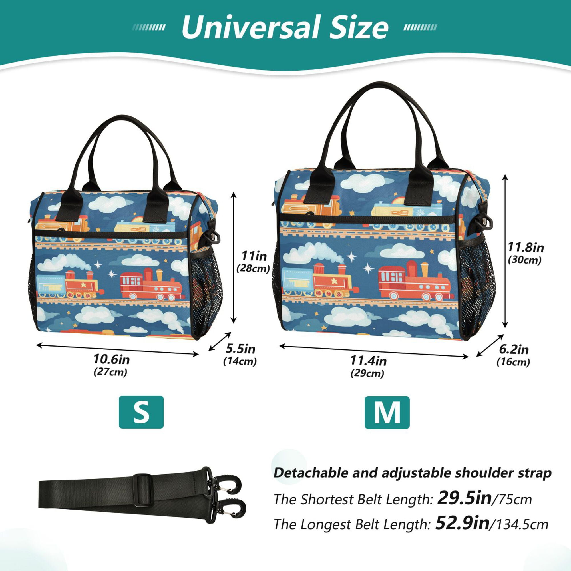 FORMRS Insulated Lunch Bag Unisex Large Capacity with Shoulder Strap, Blue Cute Train Pattern