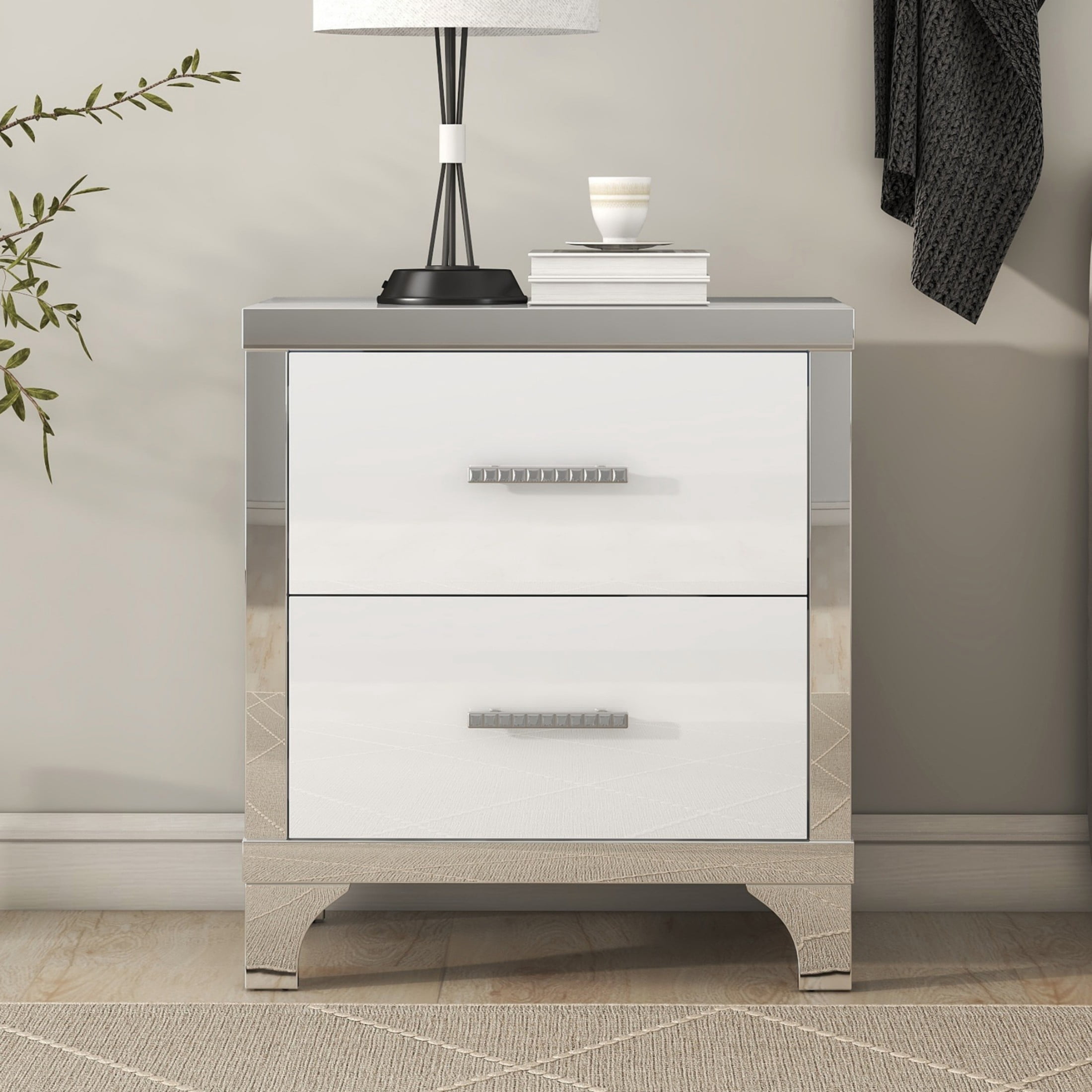 Noble House High Gloss Nightstand with 2 Drawers, Metal Handles and Legs, White