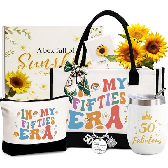 50th Birthday Gifts for Women, 6 Piece Sunshine Gift Box Set with Tote Bag Tumbler for Mom Best Friend Sister Wife