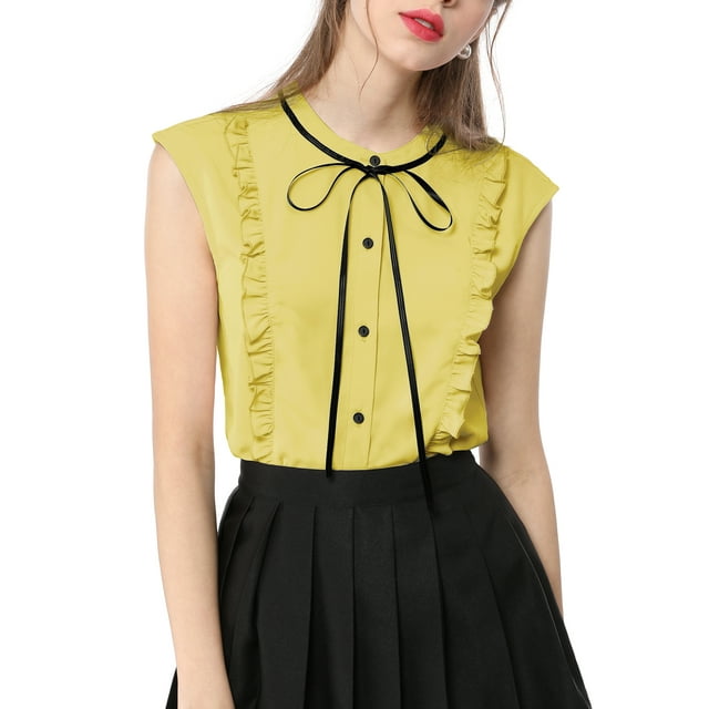 INSPIRE CHIC Women's Tie Neck Cap Sleeve Button Down Ruffle Summer Shirts