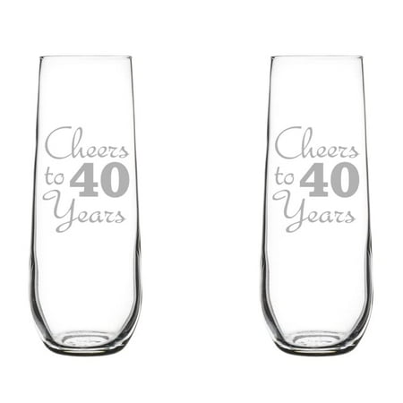 

Set of 2 Glass Champagne Flutes Sparkling Wine Glasses Birthday Anniversary Cheers 40 Years (8.5 oz Stemless)