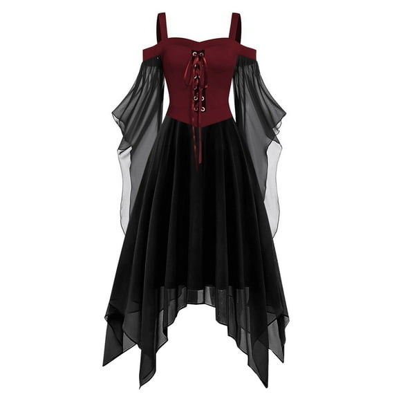 Stylish Gothic Court Wear Elegant Midi Dress with Long Flare Sleeves Unique Irregular Hemline for Festivals and Parties