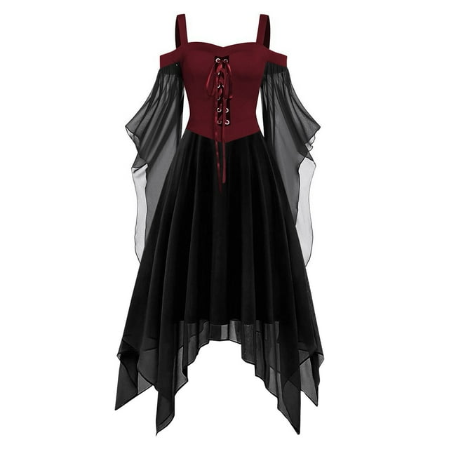 LOVZFMLL Costume de Renaissance pour Femmes Robe Médiévale Victorienne Gothique Costume de Sorcière d'Halloween Robe Maxi à Épaules Dénudées et Lacets