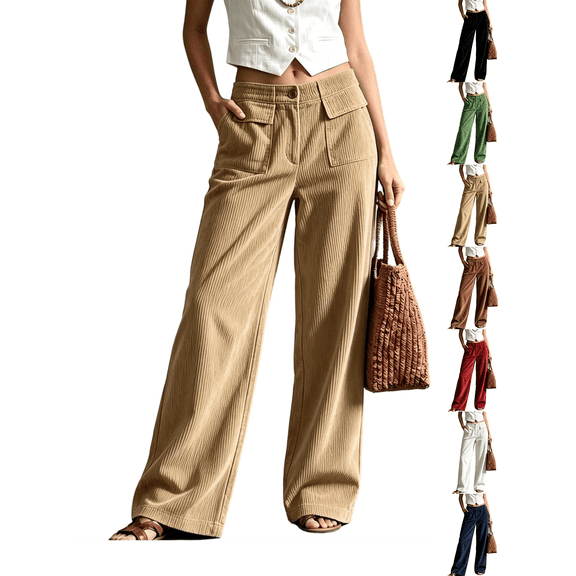 Wide Leg Pants for Women Nelozsy Women Casual Solid Color Button Zipper Elastic Waist Pocket Straight-Leg Pants Khaki S