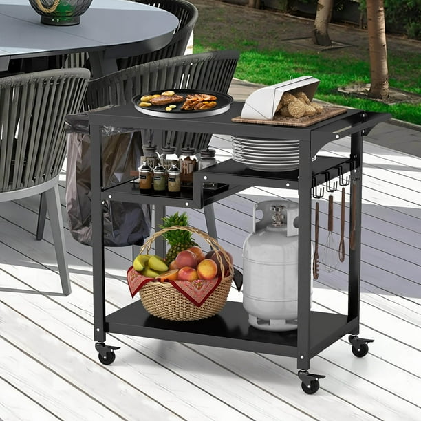 COSTWAY Grillwagen Outdoor, Grilltisch mit 2 Ablagen & 4 Rädern & Griff & 4 Haken, Pizzatisch Beistelltisch Servierwagen für Hinterhof, Garten, Terrasse (2 Ablagen