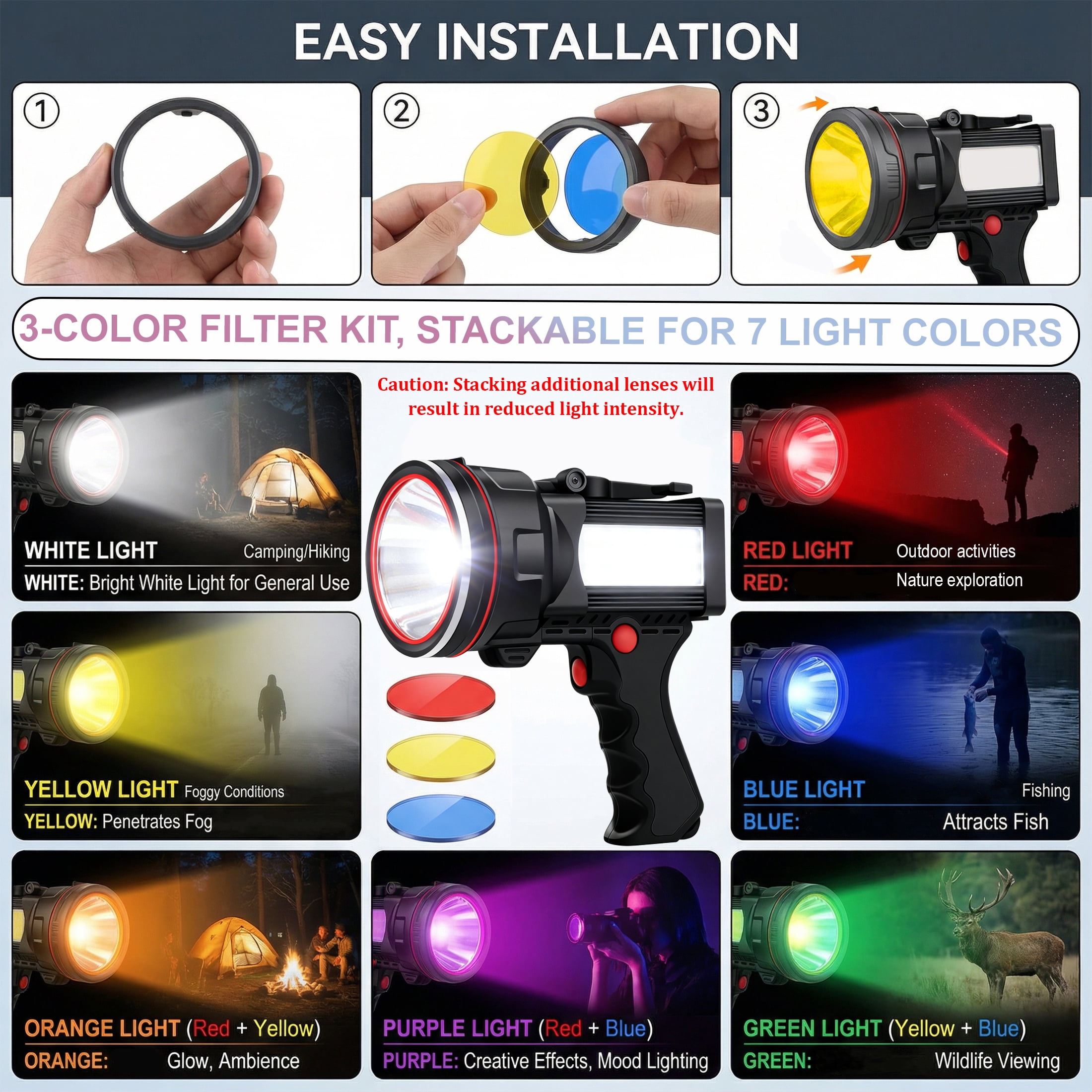 EZBY Flashlight,150000 Lumens Rechargeable Spotlight Flashlight,12800mAh High Power LED Handheld Spotlight with 6 Modes, 7 Colors,Waterproof for Camping Hunting Emergency