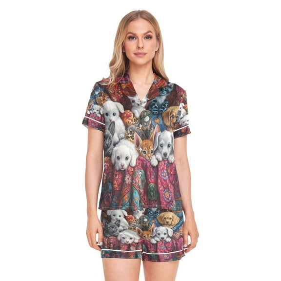 Women Silk Pajama Sets Causal Outings Fashion He Purrfect Playmates Pattern Home