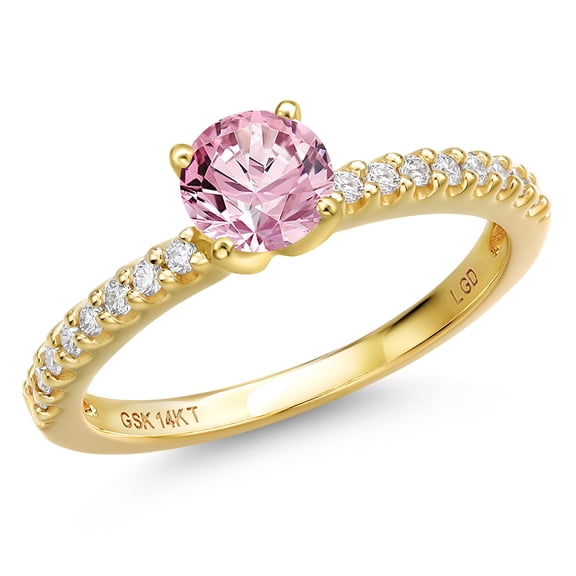 Gem Stone King 14K Yellow Gold Pink and White Lab Grown Diamond Engagement Ring for Women | 0.66 Cttw | Round 5MM | Gemstone April Birthstone | Size 6