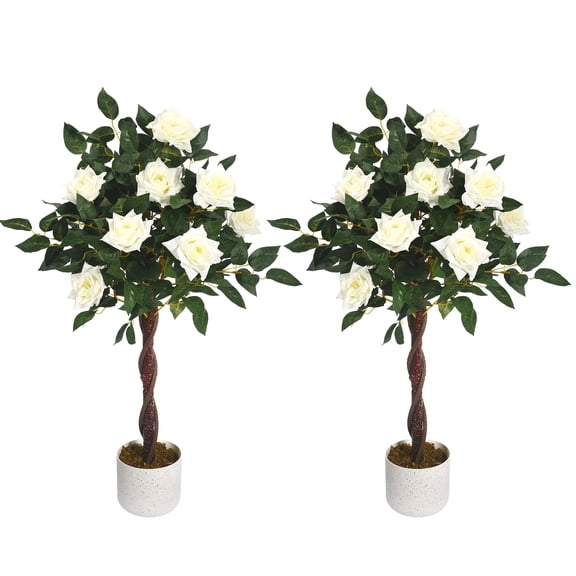 EcoSummer 3FT Artificial Rose Tree 2-Pack, Faux White Rose Bushes in Black Pots for Indoor Outdoor Decor
