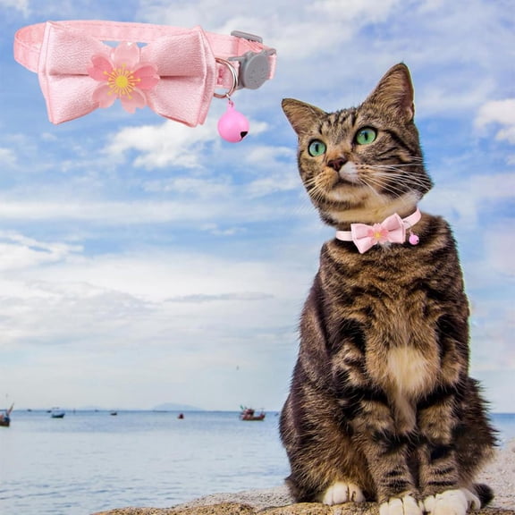 Outoloxit Adjustable Cat Collar with Lace Bow & Beads, Pink Bell Collar for Cats, Soft Kitten Collar for Parties, Christmas, Photo Shoots