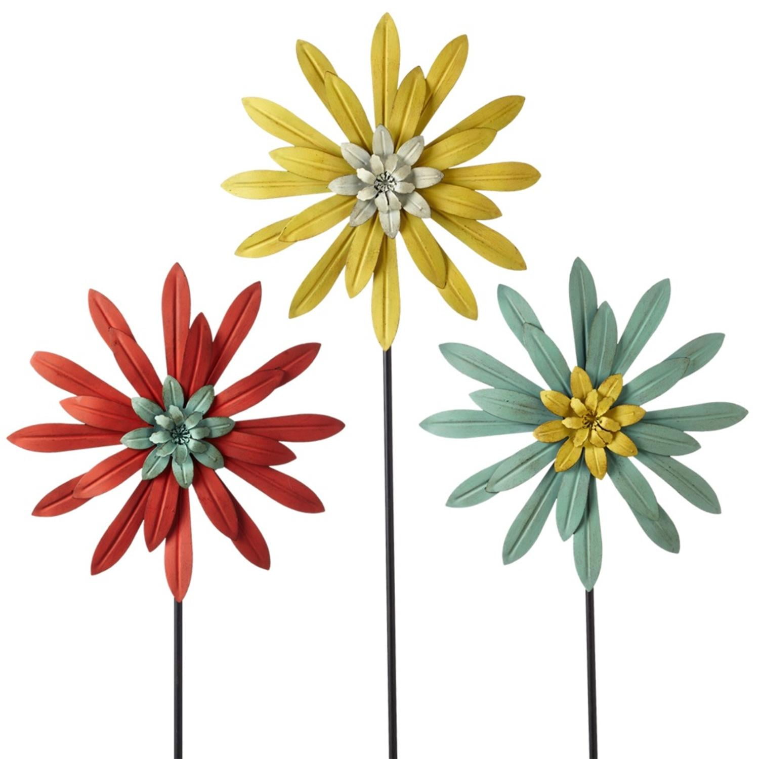 Set of 3 Red, Yellow and Blue Layered Metal Flower Garden Stake 36