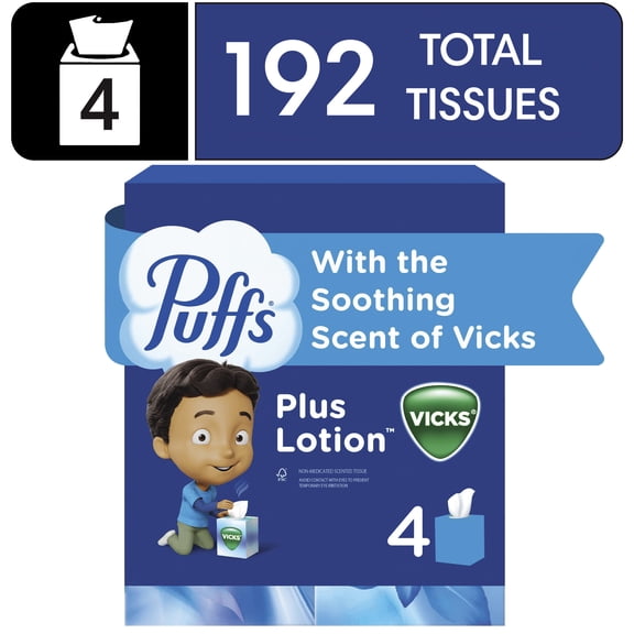 Puffs Plus Lotion Facial Tissues with the Scent of Vicks, 4 Cubes, 48 Tissues Per Box