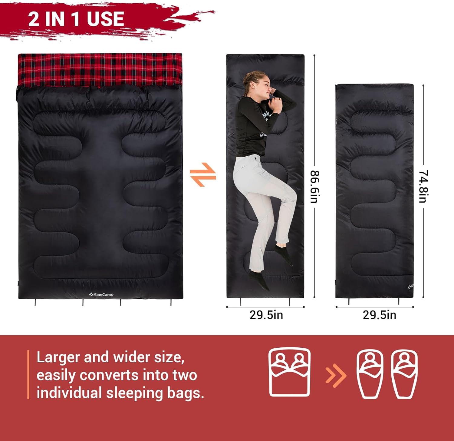 KingCamp Cotton Flannel Queen Size 2 Person Double Sleeping Bags with Pillows for Adult Lightweight Compact Backpacking Camping 20°F for Couples & Family Black
