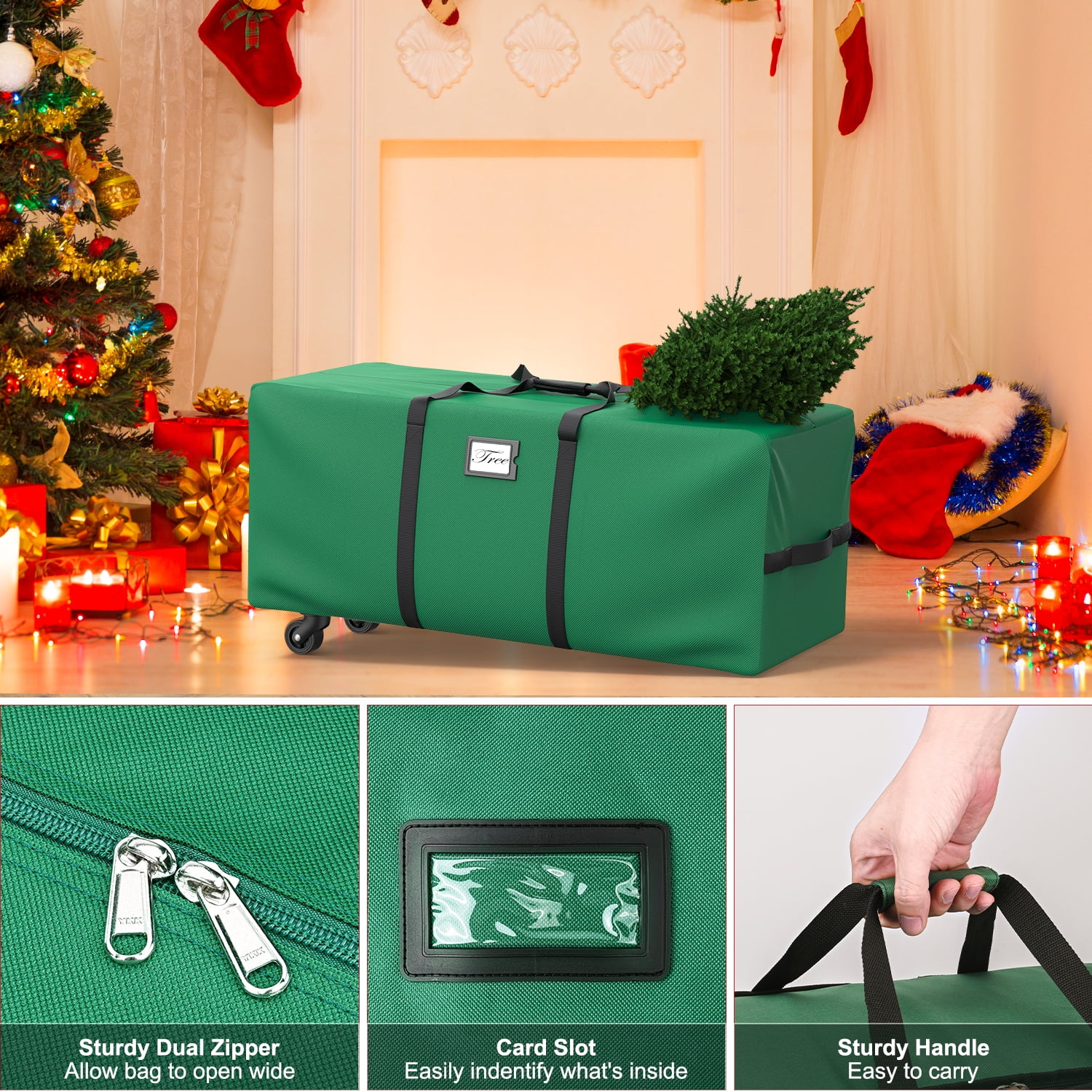 Christmas Tree Storage Bag, Heavy-Duty 600D Oxford Cloth Fits Up to 9FT Xmax Christmas Tree Storage Box with Rolling Wheels, Dark Green