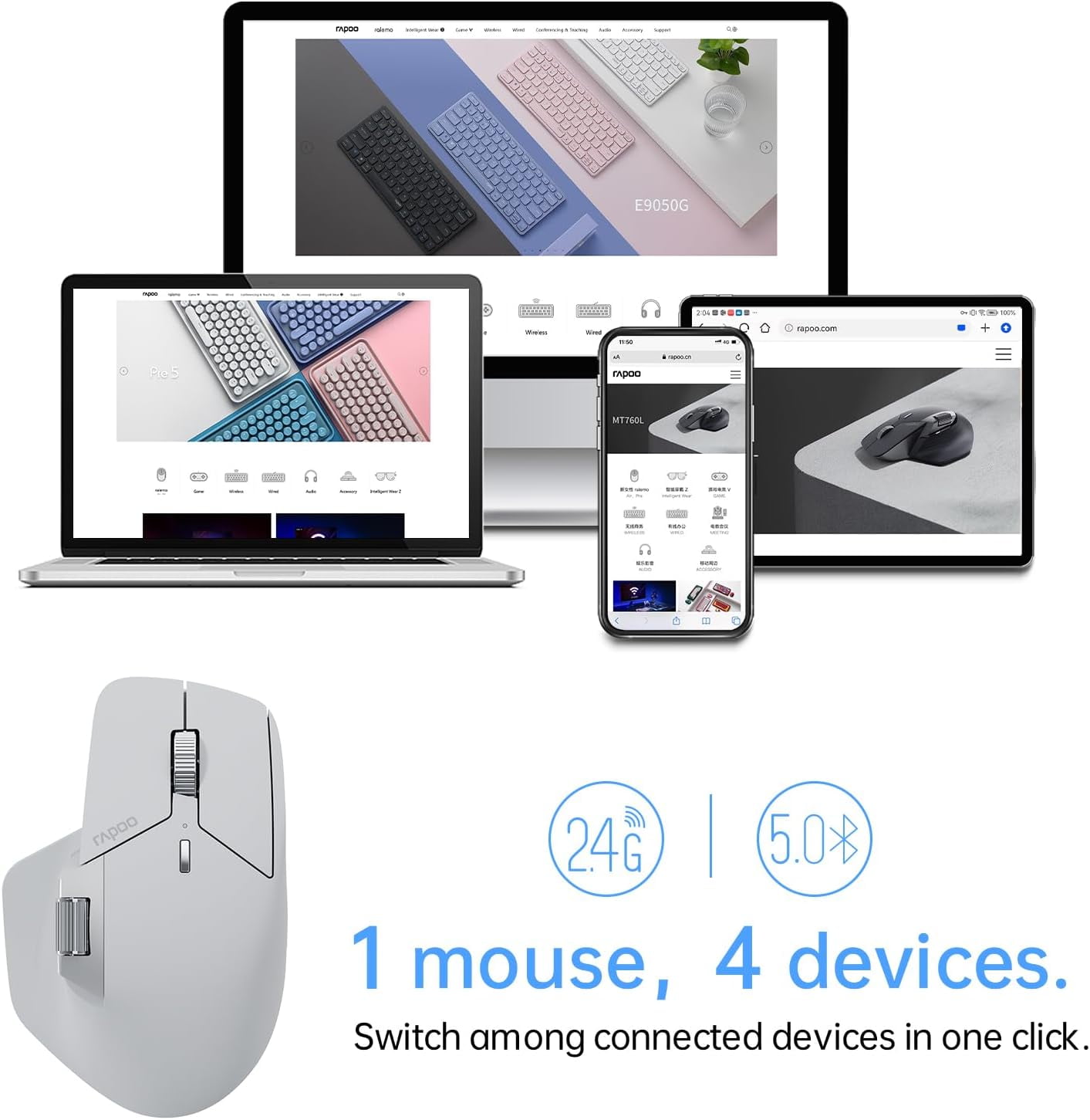 MT760 Multi-Device Wireless Mouse, Bluetooth 5.0 and 2.4G Multi-Mode Connection, Up to 4 Devices, 11 Programmable Buttons, 4K DPI, 90 Days Battery Life, PC, Matte Black