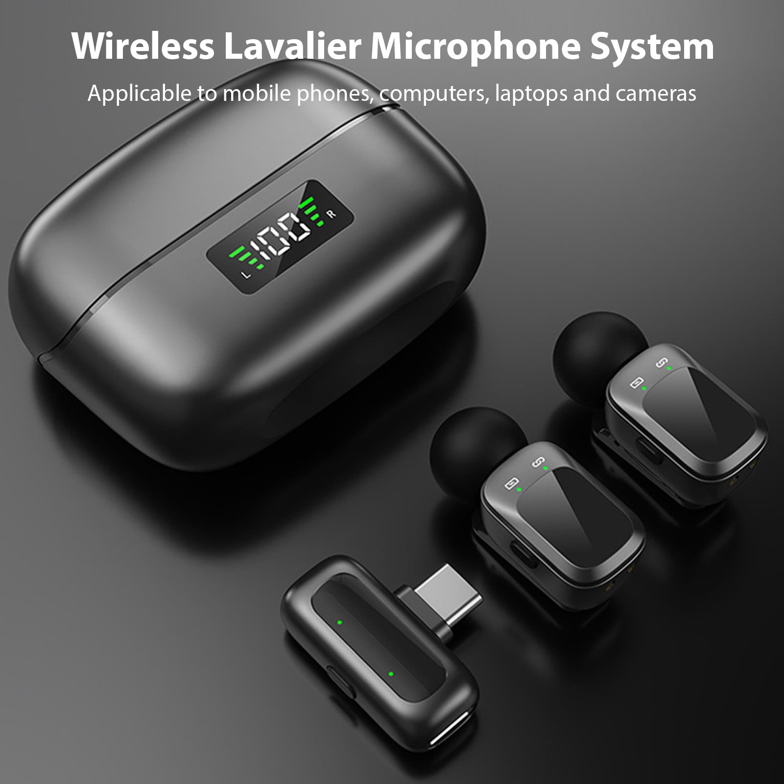 Riousery Wireless Lavalier Microphone System Noise Reduction 2.4G Transmission Plug and Play Collar Clip Mic with Charging Case for Phones Computers Cameras, Black