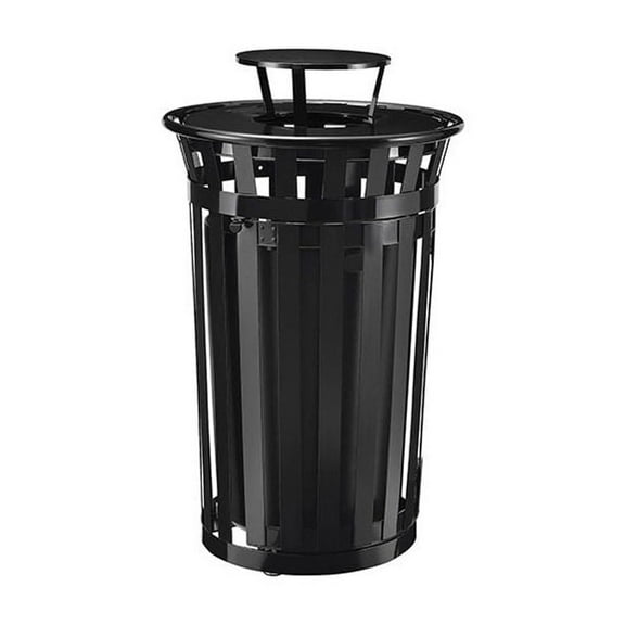 Global Industrial GBE261941BK Outdoor Slatted Steel Trash Can, with Access Door & Rain Bonnet Lid, 36 gal, Black