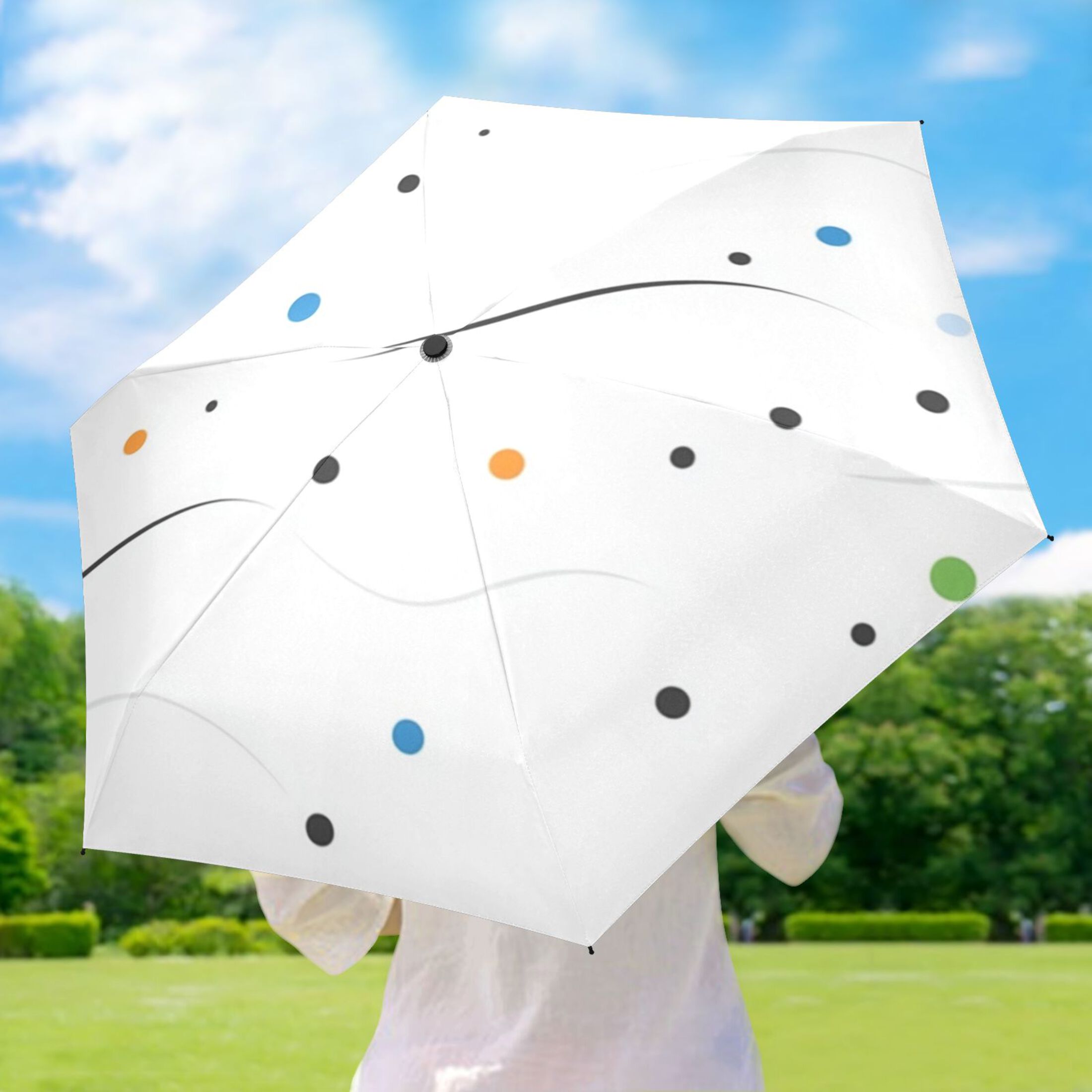 Colorful Dots and Wavy Lines Umbrellas for Sun Auto Open Close UV50+ Waterproof 5-Fold Compact Fiberglass Frame
