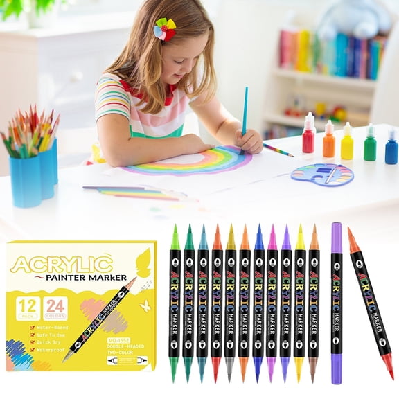 CoreLiving Acrylic Paint Markers Set, Dual Tip Art Supplies with Fine and Brush Tip Pens for Rock Painting, Canvas, Wood, Glass, Ceramic, Stone, Metal and DIY Crafts, 24 Colors