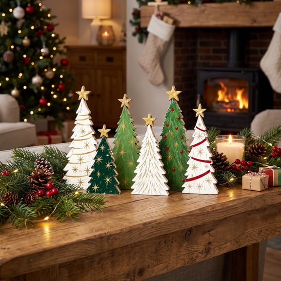 Christmas Wooden Tree Decor, Christmas Decorations Indoor Outdoor Holiday Home Decor Accents, 6 Piece Set Shaped Home Desktop Ornaments for Storefront, Windows, Holiday
