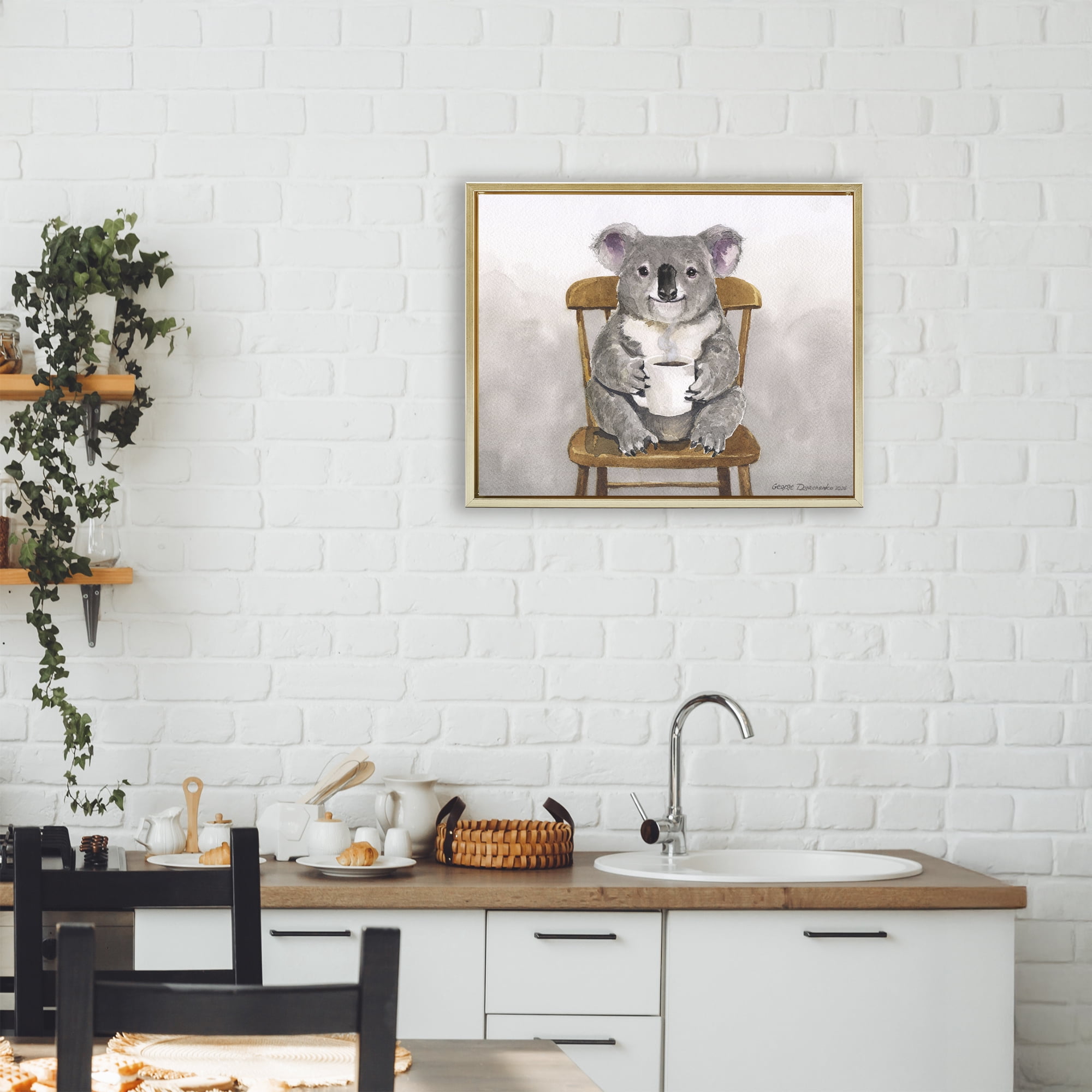 Stupell Industries Koala with Coffee Mug Gold Framed Floater Canvas Wall Art, design by George Dyachenko