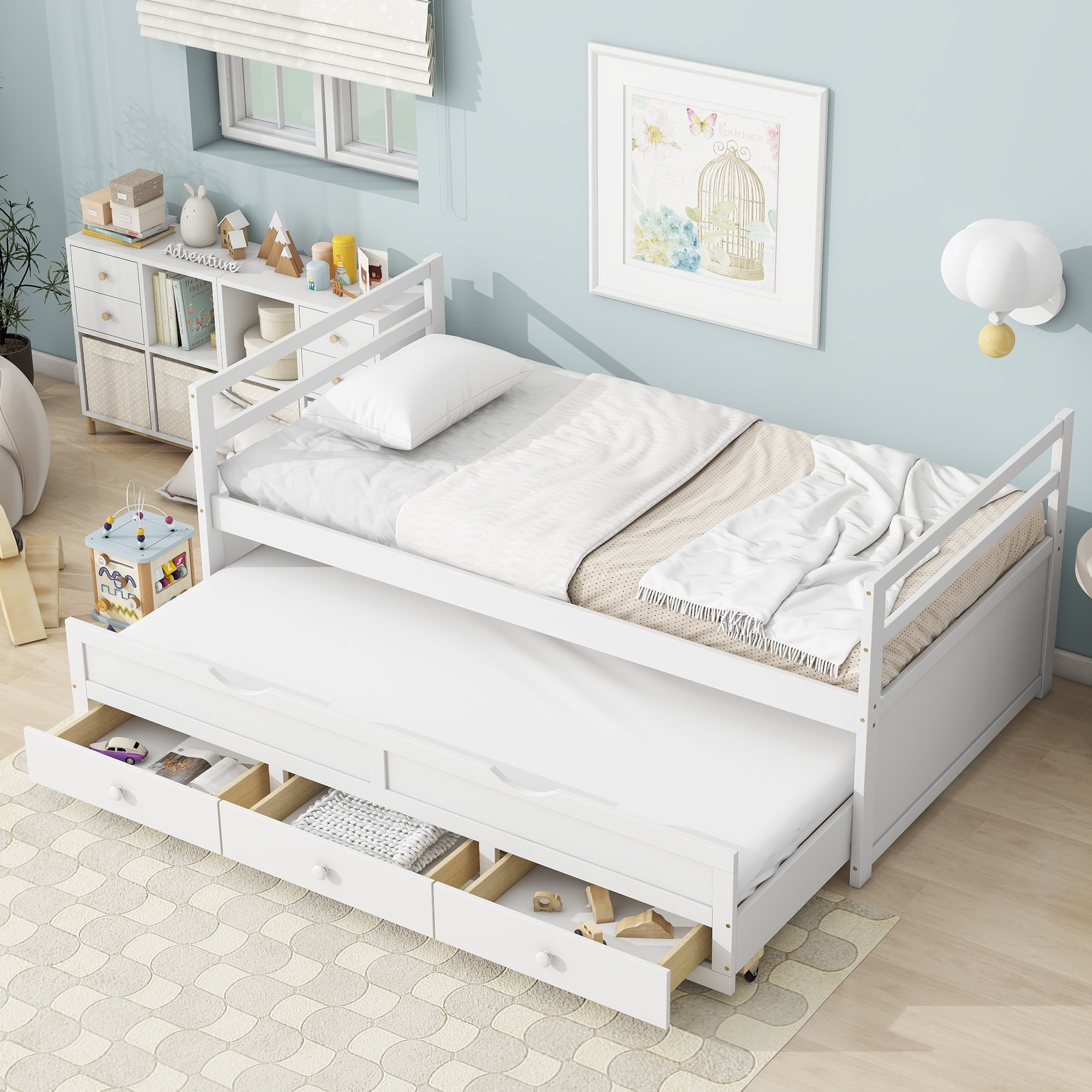 Sailvan Twin Size Bed with Headboard, Footboard, Trundle and 3 Storage Drawers, Pine Wood Bed