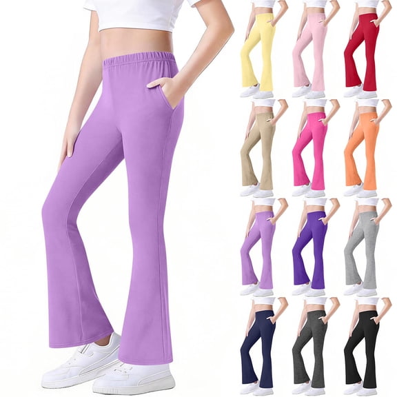 Yeaiivve Toddle Girls Yoga Pants With Side Pockets Elastic Waist Flared Leg Pants Solid Color Workout Dance Tights for Girls
