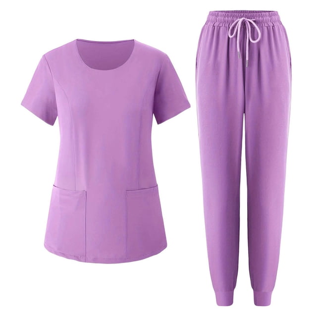 Dazajoo Ensembles de Sarraus pour Femmes Col Rond Manches Courtes Hauts Assortis Pantalons Jogger à Cordon avec Poches Tenue de Travail 2 Pcs, Violet, m