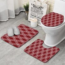 Burgundy and White Wavy Pattern Bathroom Rugs Sets 3 Piece,Toilet Cover Set,Absorbent Non Slip Bathroom Mats Sets with U-Shaped Contour Rug Toilet Rug Set