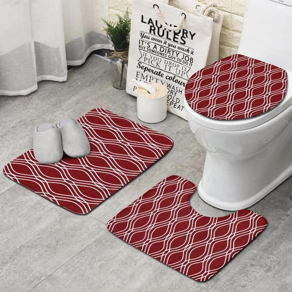 Burgundy and White Wavy Pattern Bathroom Rugs Sets 3 Piece,Toilet Cover Set,Absorbent Non Slip Bathroom Mats Sets with U-Shaped Contour Rug Toilet Rug Set