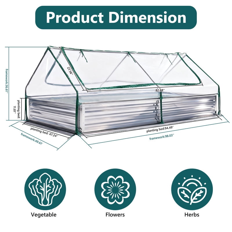 Gianna 8x4x1ft Galvanized Raised Garden Bed with Cover, Planter Box Outdoor for Deep-Rooted Herbs/Flowers/Vegetables, Large Metal Garden Bed Mini Greenhouse for Patio and Backyard
