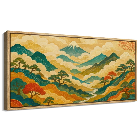 Large Framed Canvas Wall Art Japanese Style Abstract Mountains Landscape Print for Living Room Decoration - 60"x30" Natural Framed