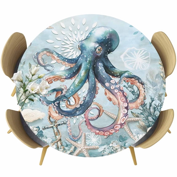 Coastal Octopus Table Cloth, Round Fitted Tablecloths with Elastic Edge, Summer Beach Vintage Ocean Coral Wipeable Waterproof Table Cover for Kitchen Wedding 36-44 Inches