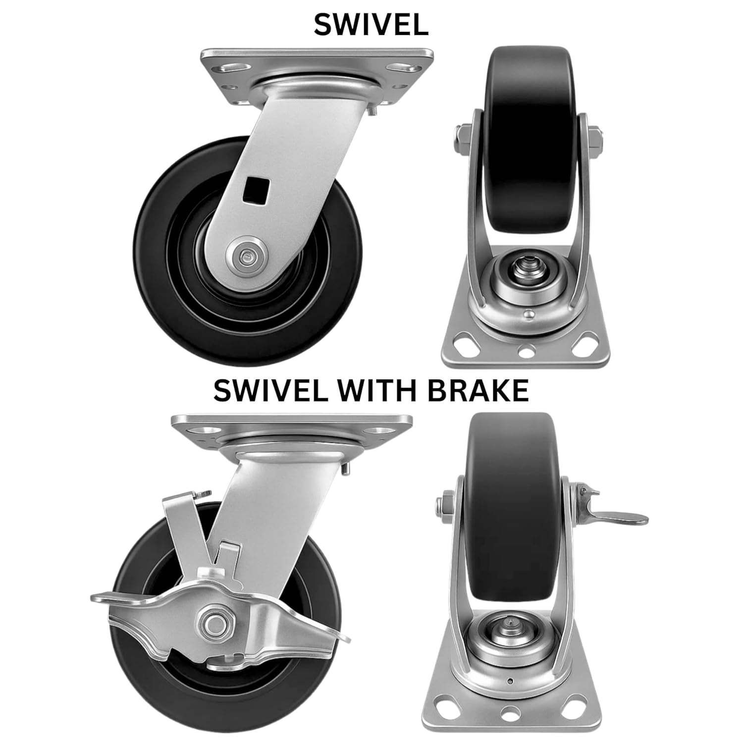 4 Heavy Duty Caster Set 5" Plastic Wheels - 2 Swivel + 2 Swivel with Brake